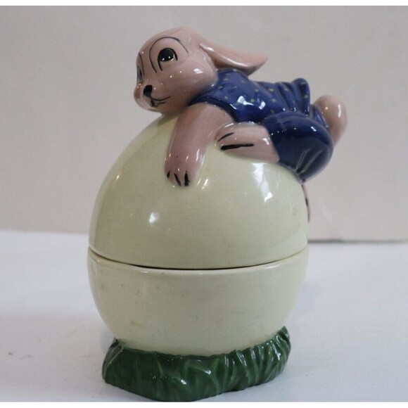 Ceramic Bunny Rabbit Egg Canister Lid Trinket Dish Signed AF - Picture 1 of 7